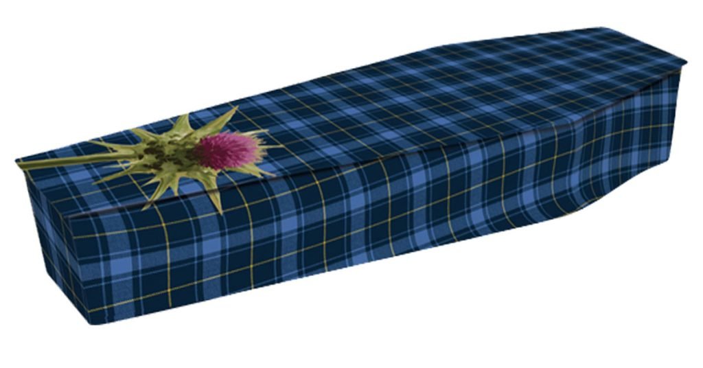 Coffin with blue tartan design featuring a Thistle